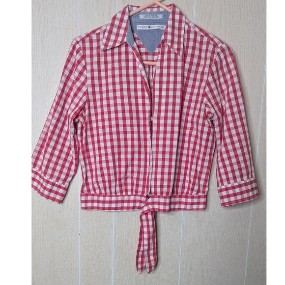 Tommy Hilfiger vintage style pink white checked tie front summer blouse size 8 - Picture 1 of 8